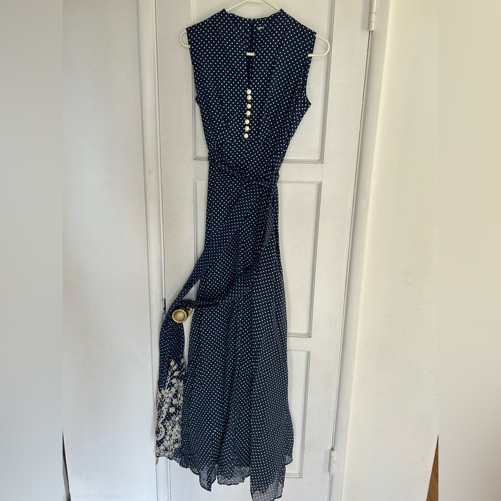 Vintage 50’s formal long polka dot dress with enbroidered waist sash